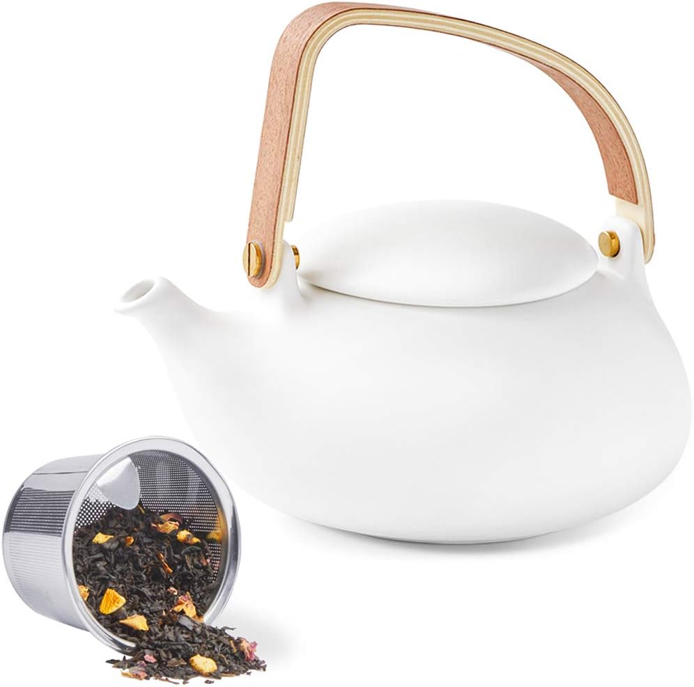 2cup 800ml ZENS Teapot with Infuser, Ceramic Japanese Teapot for Loose Leaf Tea, Small Matte White Porcelain Tea Pot