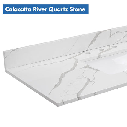 EQLOO 60 in.W x 22 in.D Quartz Calacatta River Vanity Top,with Undermount Double Sink Vanity Top,with Two Sidesplash & One Backsplash,8 Inch Faucet Hole Spread Bathroom Vanity Sink Countertop