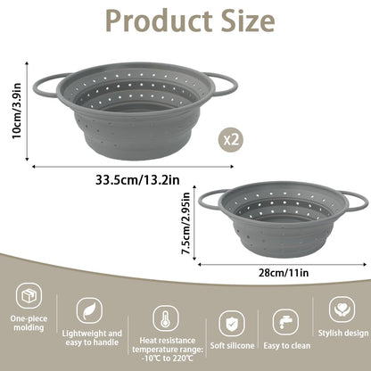 CEYAZYE 3 Pack Collapsible Colander Set, 11&13 Silicone Strainer for Kitchen, Space-Saving Heat-Resistant Fast Draining Basket with Non-Slip Base & Handles, Food Strainer for Pasta, Fruit, Vegetables