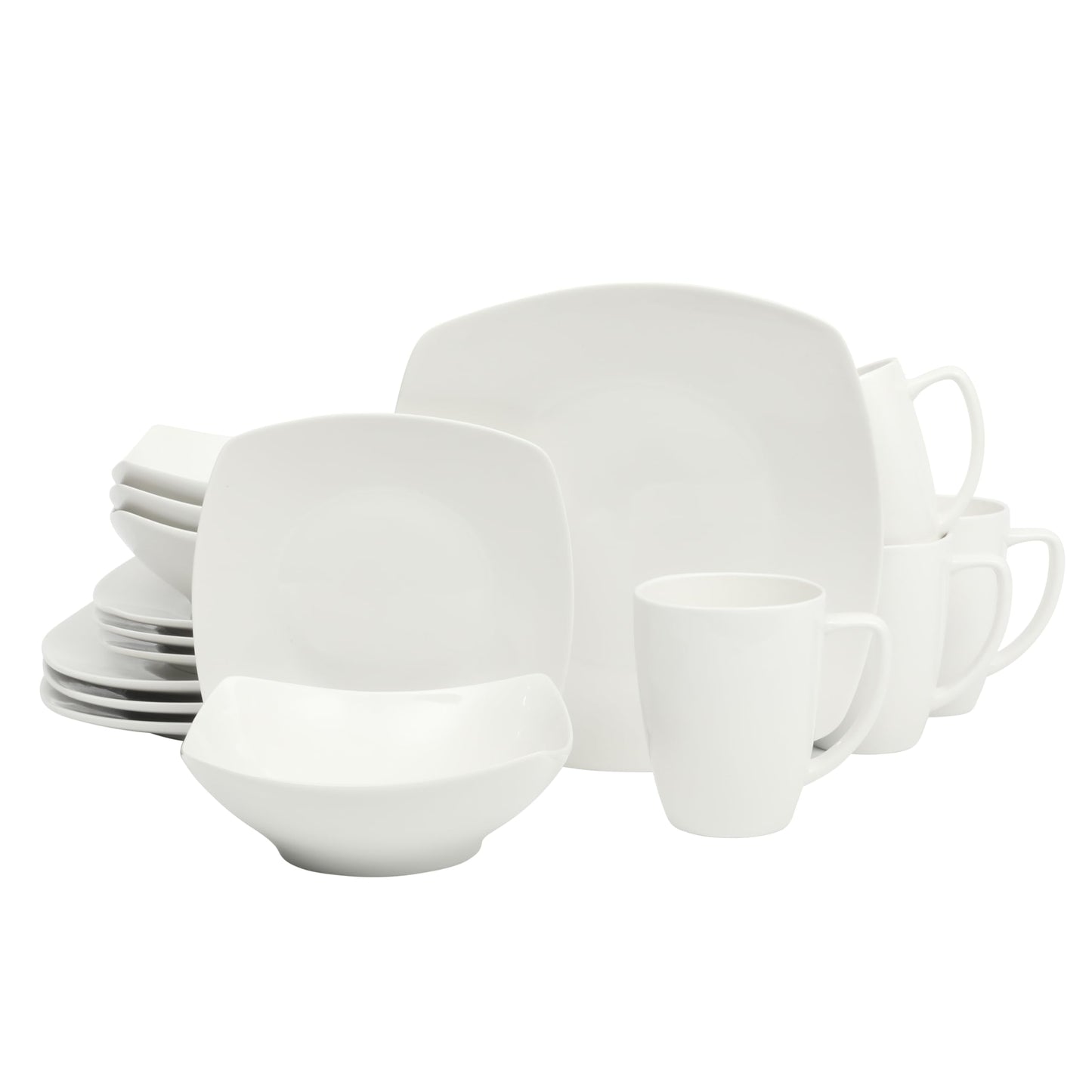 Gibson Home Zen Buffet White Porcelain Dinnerware Set for 4, Square Plates Bowls and Mugs, Chip and Scratch Resistant, Dishwasher and Microwave Safe, 16 Piece