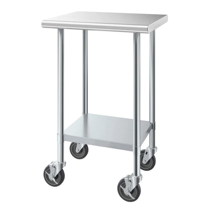 24" x 24" Stainless Steel Work Table with Undershelf and Casters, 430 Stainless Steel Commercial Table, 18 Gauge Metal Kitchen Food Prep Table, Heavy Duty Metal Utility Table, NSF Kitchen Island Cart