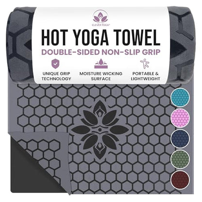 Clever Yoga Hot Yoga Mat Towel – Non-Slip Grip for Hot Yoga, Sweat Absorbent, Honeycomb Silicone Grip, Stays Flat – Ideal for Pilates, Travel, Washable & Lightweight - Dark Blue