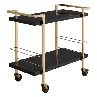 Pemberly Row Modern Serving Cart, Black Metal and Gold Frame, 32"W x 16"D x 30.5"H, 2-Tier Design, High-Sheen Laminate Surface, Locking Casters, Bottle Caddies, Bar and Cocktail Station for Parties