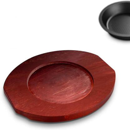 Charcuterie Board, Round Cast Iron Sizzling Steak Plate with Wooden Base Finish - Ideal for Pan Grilling Meats Seafood, Restaurant Supply Home and Kitchen Cooking Accessory(3.8cm)