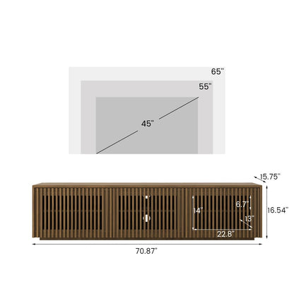 POVISON Full Assembled Mid Century Modern TV Stand, Wood Slatted Media Console for 65 inch TV, Entertainment Center with Storage for Living Room, Low Cabinet with Removable Shelves