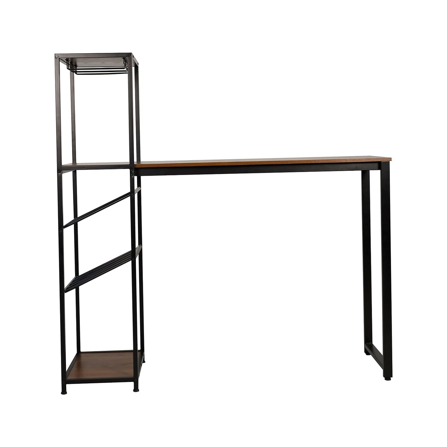 Flash Furniture Jura Metal Bar and Wine Table with Bottle and Stemware Storage, 2 Slanted Bottle Shelves, 3 Stemware Hangers, Waterproof Table Top, Black/Walnut