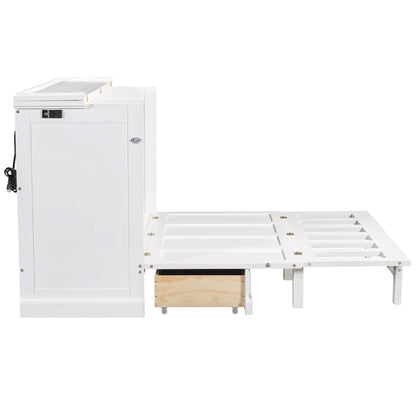 Merax Solid Pine Murphy Bed, Chest Cube Cabinet Bed with Charging Station and Large Storage Drawer for Home Office or Small Room, Full, White