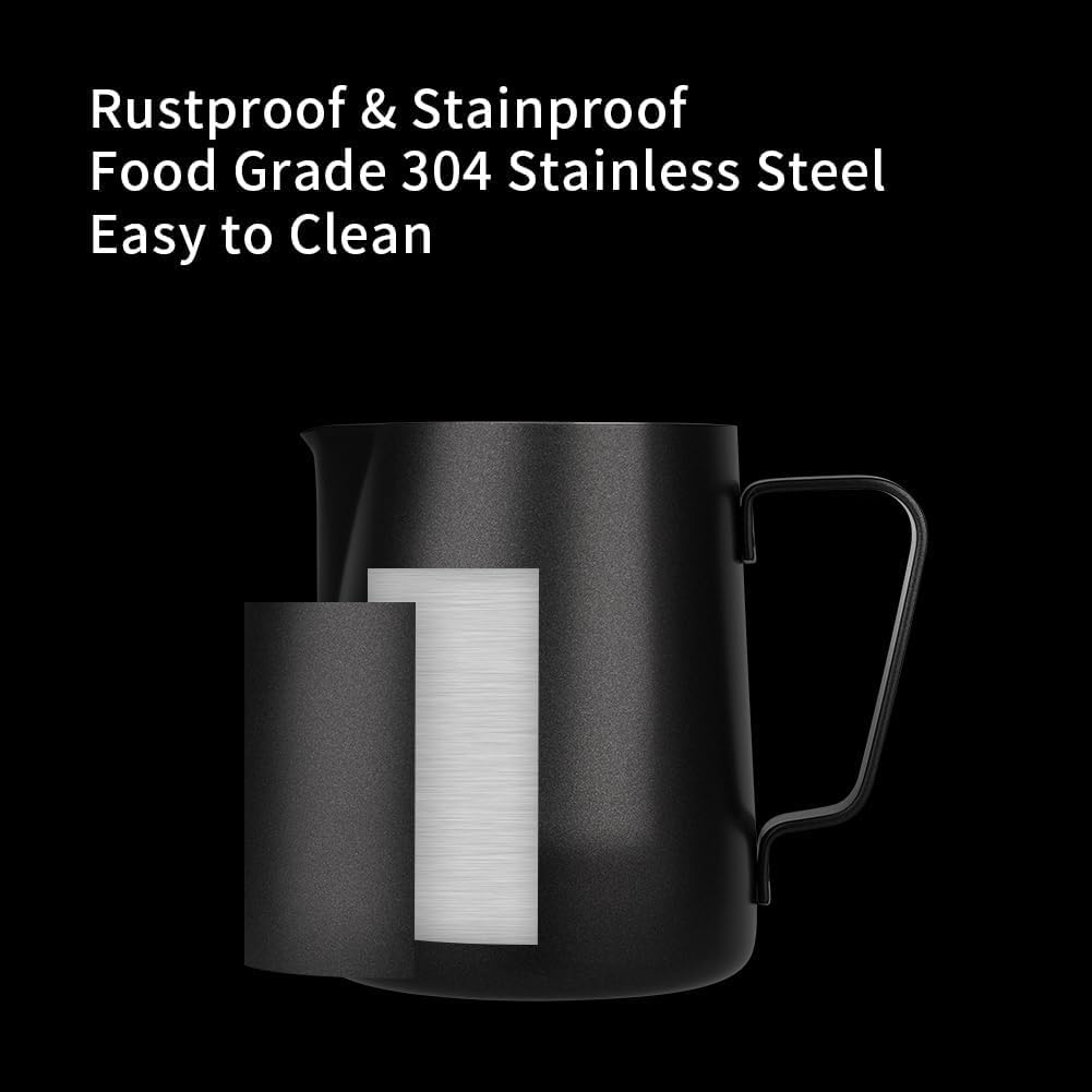 watchget Milk Frothing Pitcher 350ml/600ml/900ml/1500ml (12oz/20oz/32oz/52oz) - Stainless Steel Espresso Steaming Pitcher for Cappuccino, Latte Art, Milk Jug Coffee Frother Cup, Black
