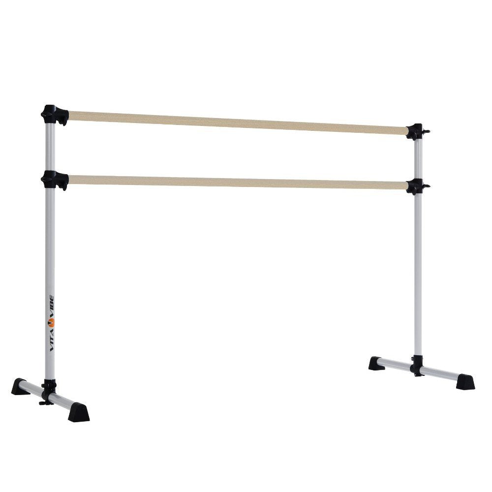 VITA Barre Portable Freestanding Double Ballet Barre, Prodigy, 8 Ft Wood Bars, Satin Silver | Adjustable Height, USA Made, Home or Gym Exercise Equipment for Kids & Adults | Dance, Fitness, Pilates