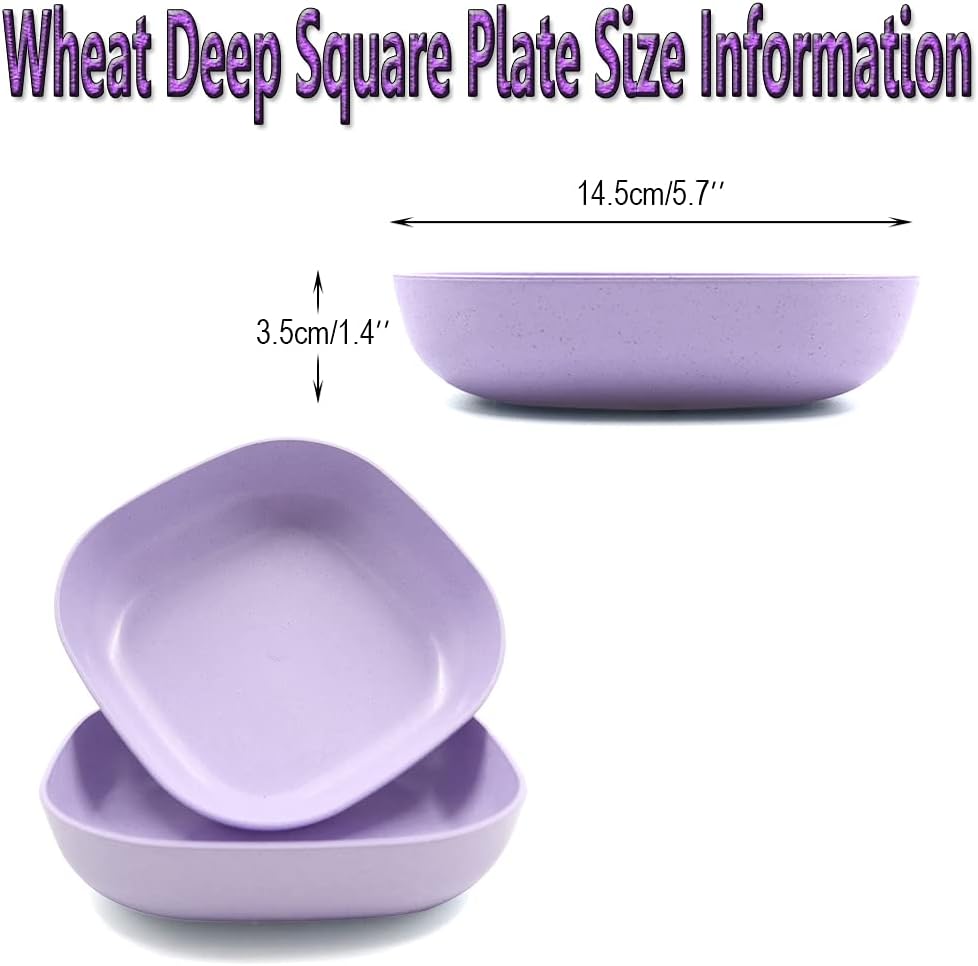 NA 6 PCS 5.7inch Square Lightweight Wheat Straw Plates, Deep Dinner Dishes for Serving Pasta & Fruit (Purple)