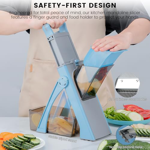 Professional Mandoline Slicer with Safe Guard, 6-in-1 Vegetable Chopper & Potato Slicer for Kitchen, Effortless Food Slicer for Salads, Fries, and Meal Prep (Blue)