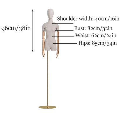 CZCZC Countertop Premium Mannequin with Metal Stand,Linen Female Mannequin,Adjustable Dress Mannequin,Flexible Form Mannequin Torso Wooden Arm Display