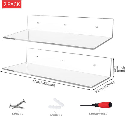 17 Inches 2 Pack Sezanrpt Acrylic Shelves, Wall Mounted Shelves for Bedroom, Wall Display Shelves for Collectibles