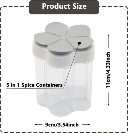 2 Pcs 5 in 1 Spice Containers, Multi-Spice Dispenser, Portable Travel Seasoning Condiment Containers, Salt Pepper Spice Shaker with Lid and Labels Clear Container Jars
