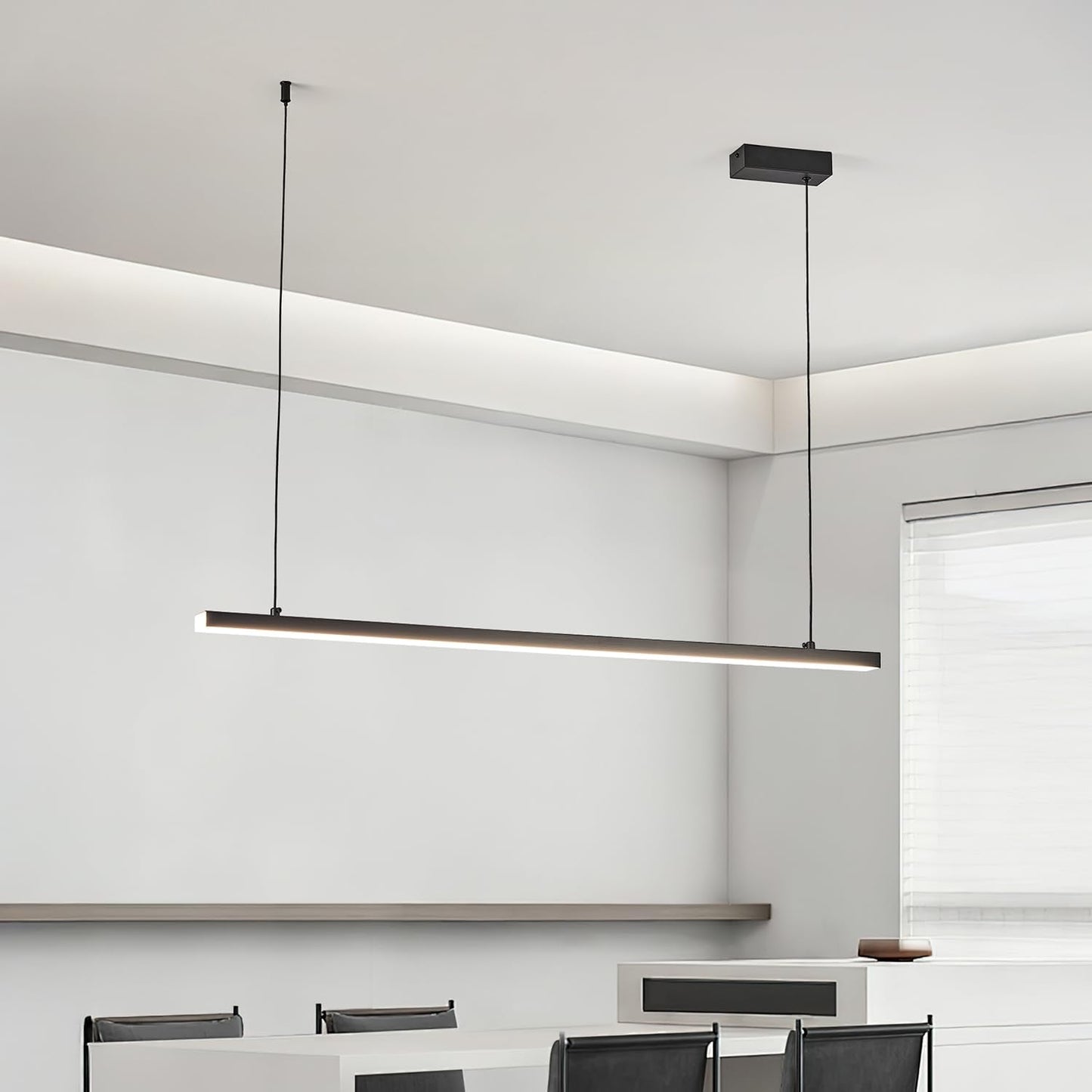Black long chandelier, dining room light, Nordic modern minimalist style, office, long bar counter, kitchen light, color temperature adjustable from 3000K to 6000K, LED chandelier, 70.87 inches