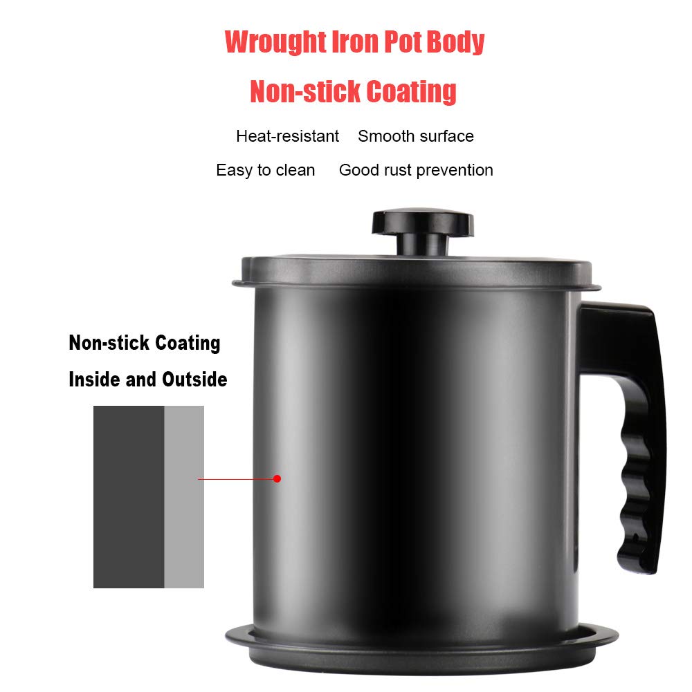 Cambom Bacon Grease Container with Fine Mesh Strainer, 1.6L almost 7 Full Cups Iron Cooking Oil Can with Removable a Coaster Tray for Kitchen Fat Storage Black