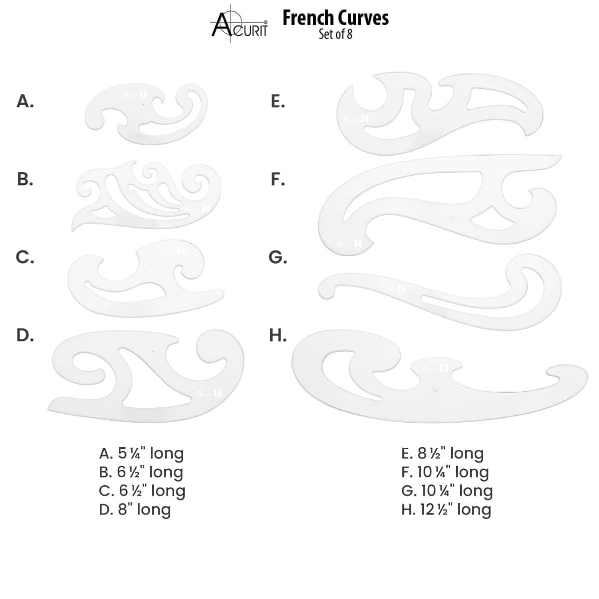 Acurit French Curve Set of 8 – Clear Plastic Drawing Templates for Sewing, Pattern Making, Drafting, Fashion Design, Architecture, Graphic Illustration – Smudge-Free Inking Edges