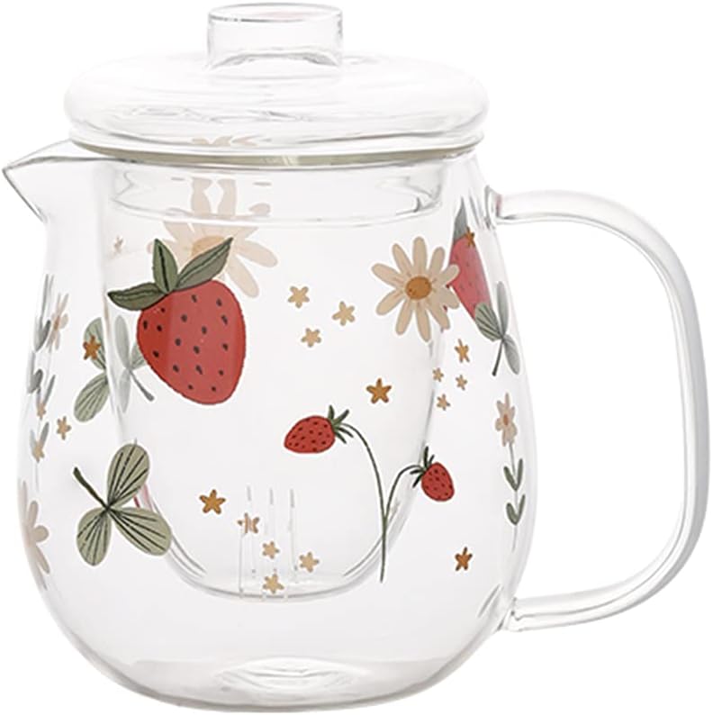 Sizikato Clear Borosilicate Glass Teapot with Tea Strainer, Cute Strawberry Pattern, 18oz