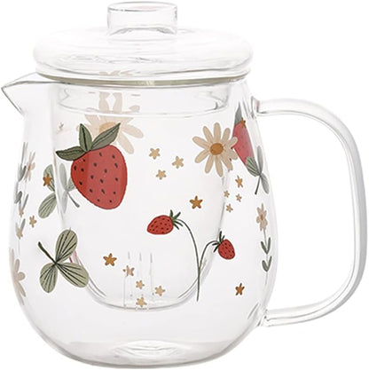 Sizikato Clear Borosilicate Glass Teapot with Tea Strainer, Cute Strawberry Pattern, 18oz