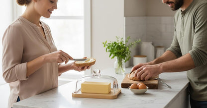 RingsTown‌ wide butter dish with glass lid with Easy-Grip Handle Lid & Natural Bamboo Base - Airtight Seal for Butter Storage Box for Kitchen Countertop and Dining Table to Keep Butter Fresh.