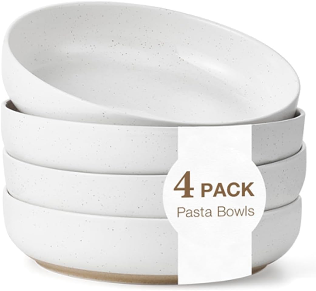 Gencywe 8.3" Pasta Bowls Set of 4, 34 oz Ceramic Salad Bowls, White Serving Plate, Wide and Shallow Bowl for for Fruits, Noodle, Dinner, Housewarming Wedding Christmas Dishwasher and Microwave Safe