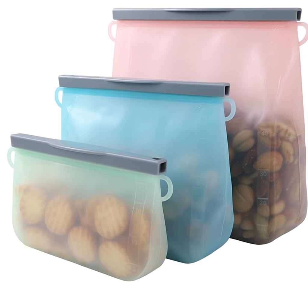 Reusable Silicone Food Storage Bags: Leak-Reistent Stand-up Pouches for Meal Prep, Sandwiches, Snacks, Baby Food, 3 Pack (500ml, 1000ml, 1500ml). BPA-Free, Freezer and Dishwasher Safe, Eco-Friendly