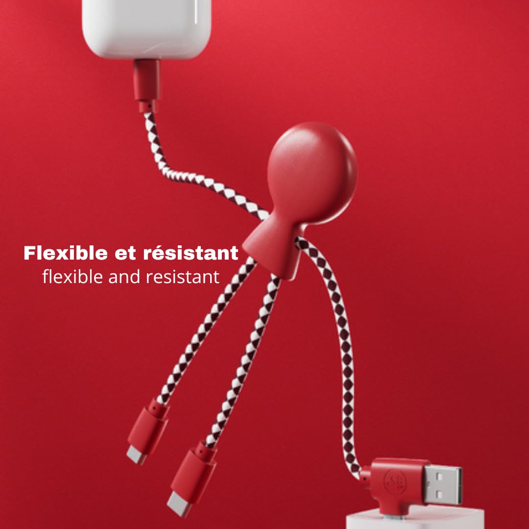 Xoopar Multi USB Cable 4 in 1 - Universal Charger Made from Recycled Plastic - USB, USB-C, Lighting, Micro USB Ports - Compatible with All Smartphones Mr Bio White Octopus