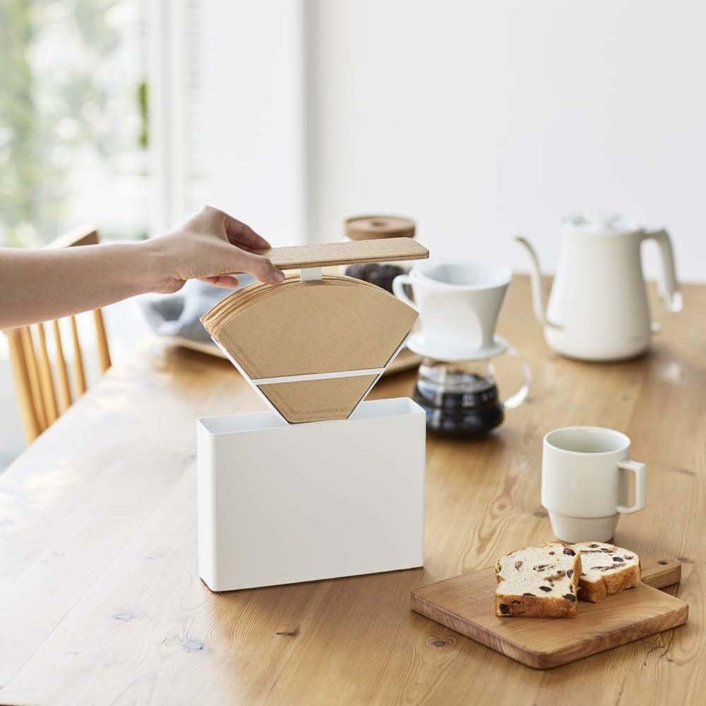 Wood Accent Coffee Pourover Filter Case with Lid - Stainless Steel Container Dispenser
