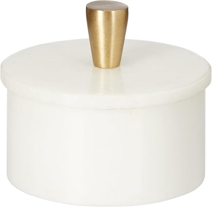 Queenza White Marble Salt Cellar with Lid and Brass Knob, 3 Inch Salt and Pepper Bowls, Kosher Salt Holder for Gifts