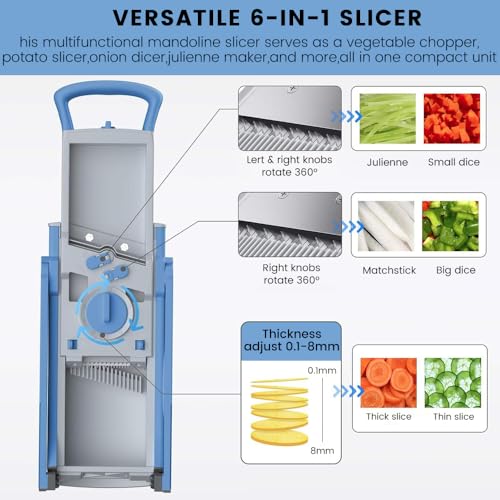 Professional Mandoline Slicer with Safe Guard, 6-in-1 Vegetable Chopper & Potato Slicer for Kitchen, Effortless Food Slicer for Salads, Fries, and Meal Prep (Blue)