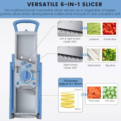 Professional Mandoline Slicer with Safe Guard, 6-in-1 Vegetable Chopper & Potato Slicer for Kitchen, Effortless Food Slicer for Salads, Fries, and Meal Prep (Blue)