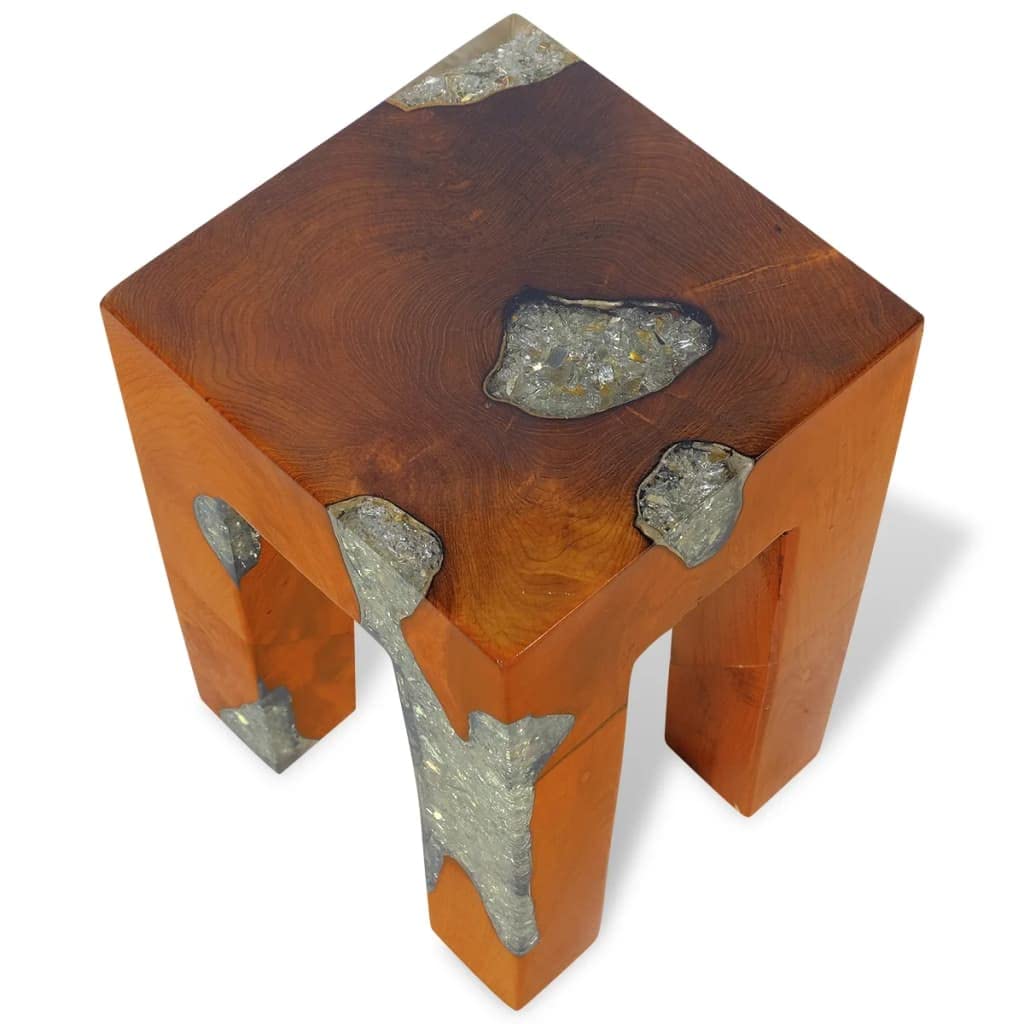 GOLINPEILO Unique Stool Solid Teak Wood and Resin 11.8" x 11.8" x 15.7", Fully Handmade Wooden Bench Solid Wood Dining Bench Rustic Home Décor Furniture, Rustic Wooden Entryway Bench(Style A)
