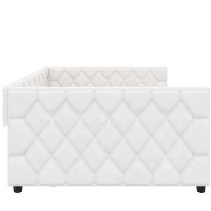 Merax Full XL Upholstered Daybed with Trundle, Modern PU Leather Sofa Bed Frame with Pull-Out Bed, Tufted Daybed Couch for Living Room Guest Room, No Box Spring Needed, White