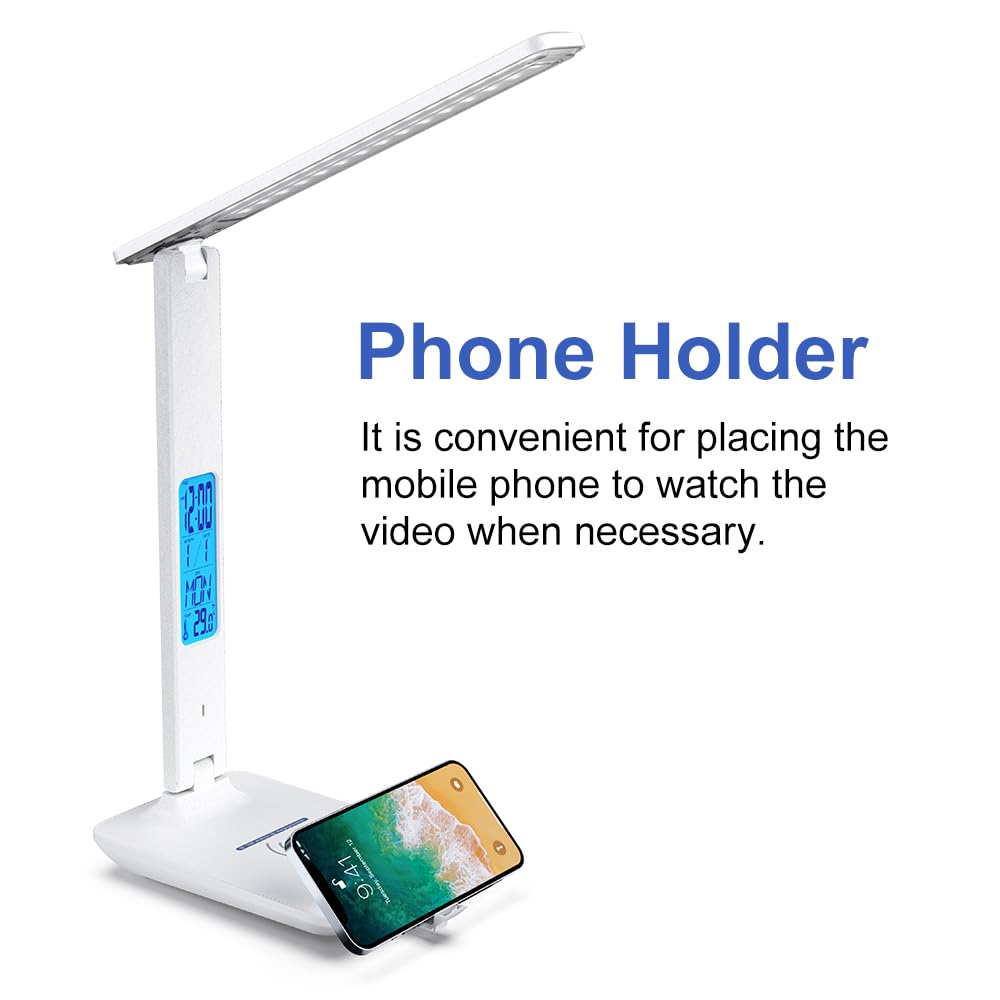 Multifunctional LED Desk Lamp with Wireless Charger,USB Charging Port,Clock,Phone Holder,Desk Lamps for Home Office,Eye-Caring Reading Lamp,Study Lamp for Boys,Girls,Teens,White