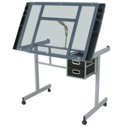 Tinkertory 4 Wheels Drawing Desk Station Tempered Glass Adjustable Drafting Table