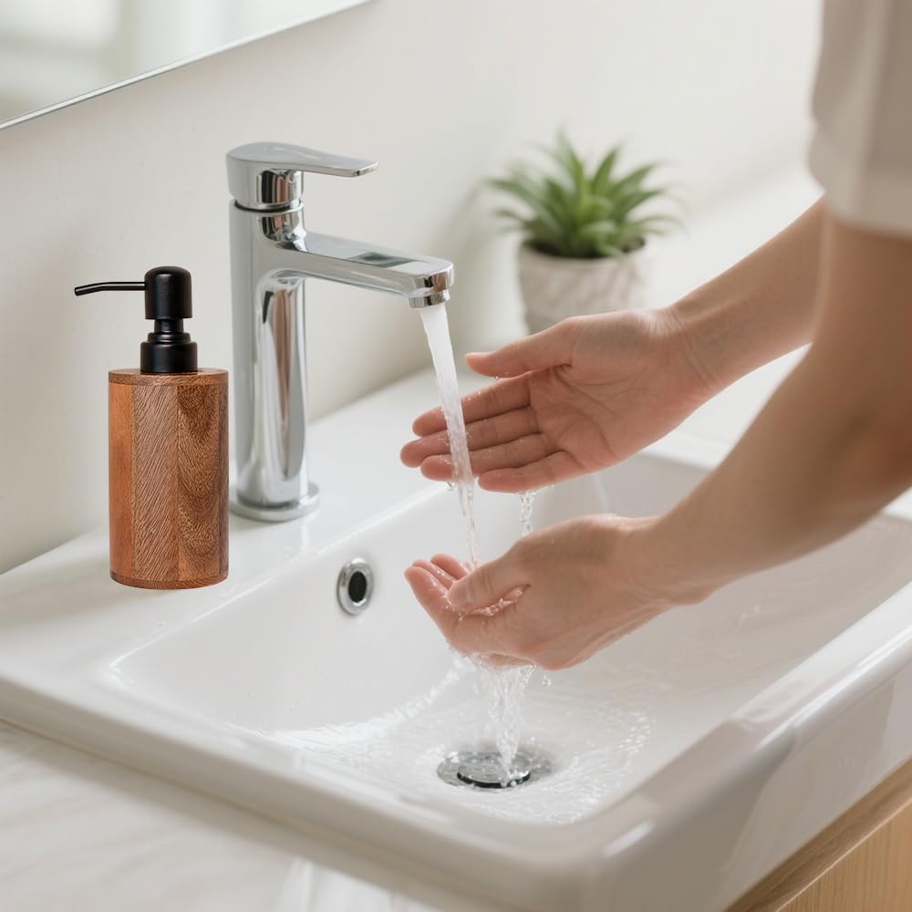 MIGAKU HOME Walnut Wood Soap Dispenser with Pump, Funnel & Label, Refillable Hand Soap Dispenser for Bathroom & Kitchen, Cylinder Design, Rustic Countertop Decor(7oz/200ml)