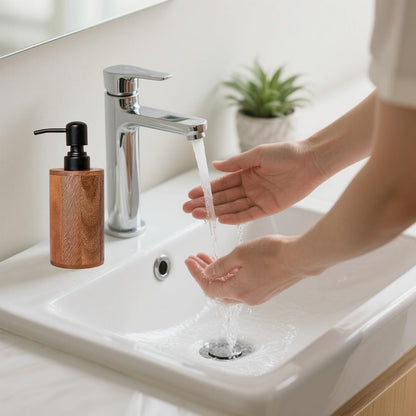 MIGAKU HOME Walnut Wood Soap Dispenser with Pump, Funnel & Label, Refillable Hand Soap Dispenser for Bathroom & Kitchen, Cylinder Design, Rustic Countertop Decor(7oz/200ml)