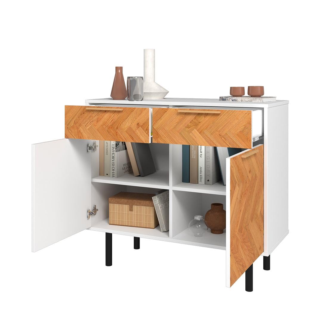 Manhattan Comfort Liam 35 Inch Mid Century Modern Accent Cabinet with 2 Drawers & 2 Soft Close Doors with Scratch Resistant Finish, Versatile Storage Console, White/Wood Print