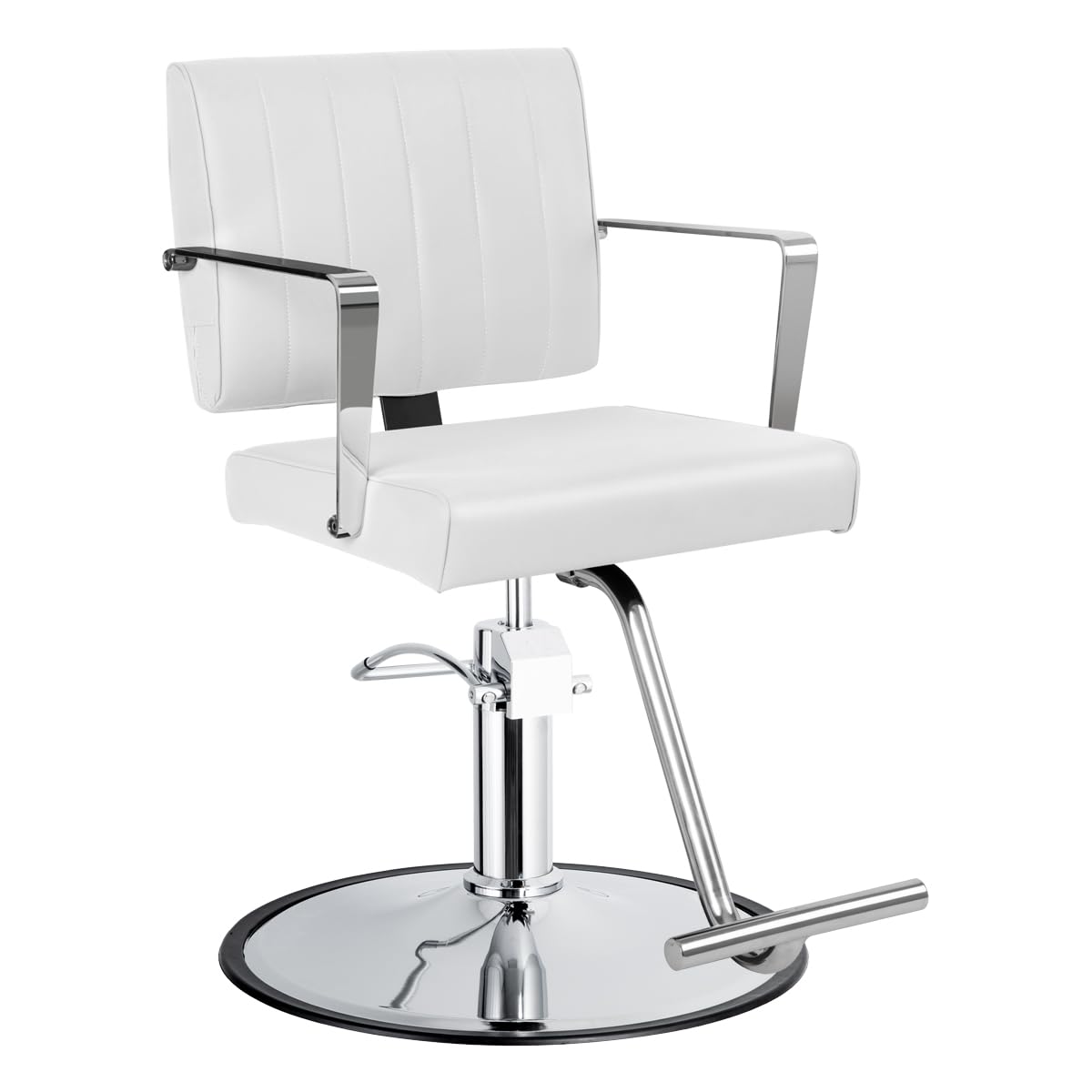 Minerva Beauty Astra Wide Salon Styling Chair in White, Round Chrome 360° Swivel Hydraulic Small Footprint