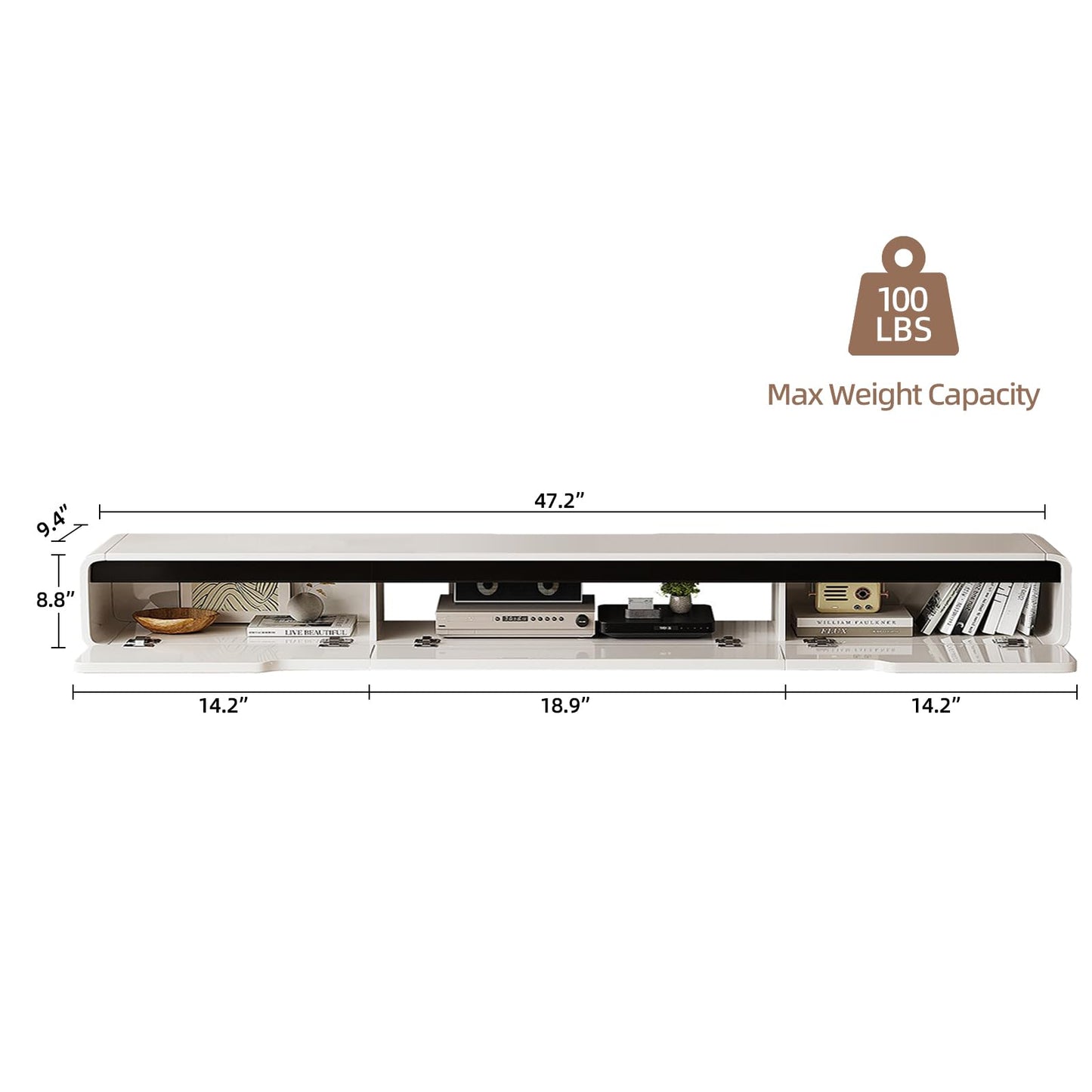 FurniNova High Gloss Floating TV Stand with 3 Doors,47'' Wall Mounted TV Cabinet,Under TV Console,Floating Media Shelft for Bedroom Living Room(White)
