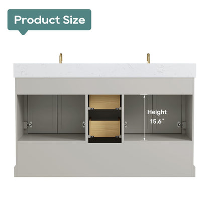 DELUXE LIVING 60 Inch Bathroom Vanity with Double Sink Combo, Solid Wood Frame with Mable Top &Backspalsh, Fully-Assembled with Soft-Closing Doors & 5 Drawers, Greige