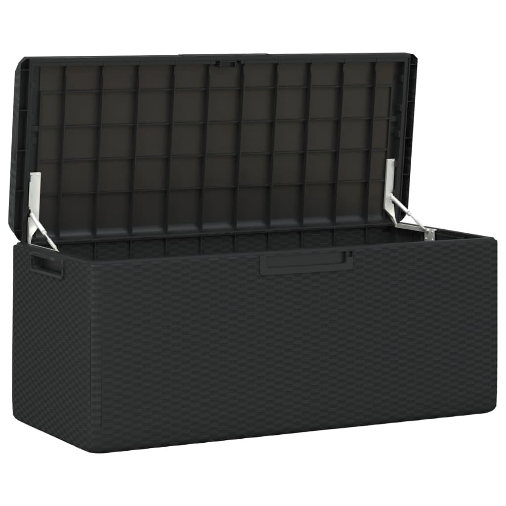 92.5 Gal Patio Storage Box with Seat Cushion, Rattan Look PP Outdoor Storage Chest for Cushions Pillows Blankets, Gas-Lift Design, Lockable, Anthracite