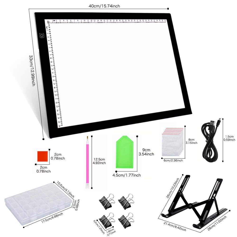 HUAYEYC 16 Pcs Diamond Painting A3s LED Light Pad Kit, Adjustable Brightness Light Box, 5D DIY Diamond Painting Accessories Tool Kit Full Drill, Includes Storage Case, Pens, Stand More