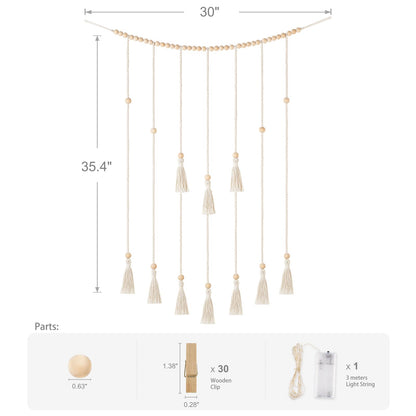 Mkono Macrame Hanging Photo Display Wall Decor with String Lights Boho Room Bedroom Wooden Beads Garland Picture Greeting Cards Holder with 30 Clips