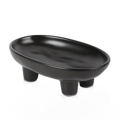 Sureasy 10 Inch Ceramic Fruit Bowl for Kitchen Counter, Decorative Bowl for Home Décor, Modern Pedestal Bowl with 4-Legs, Oval Footed Bowls, Fruit and Vegetable Holder Countertop, Black