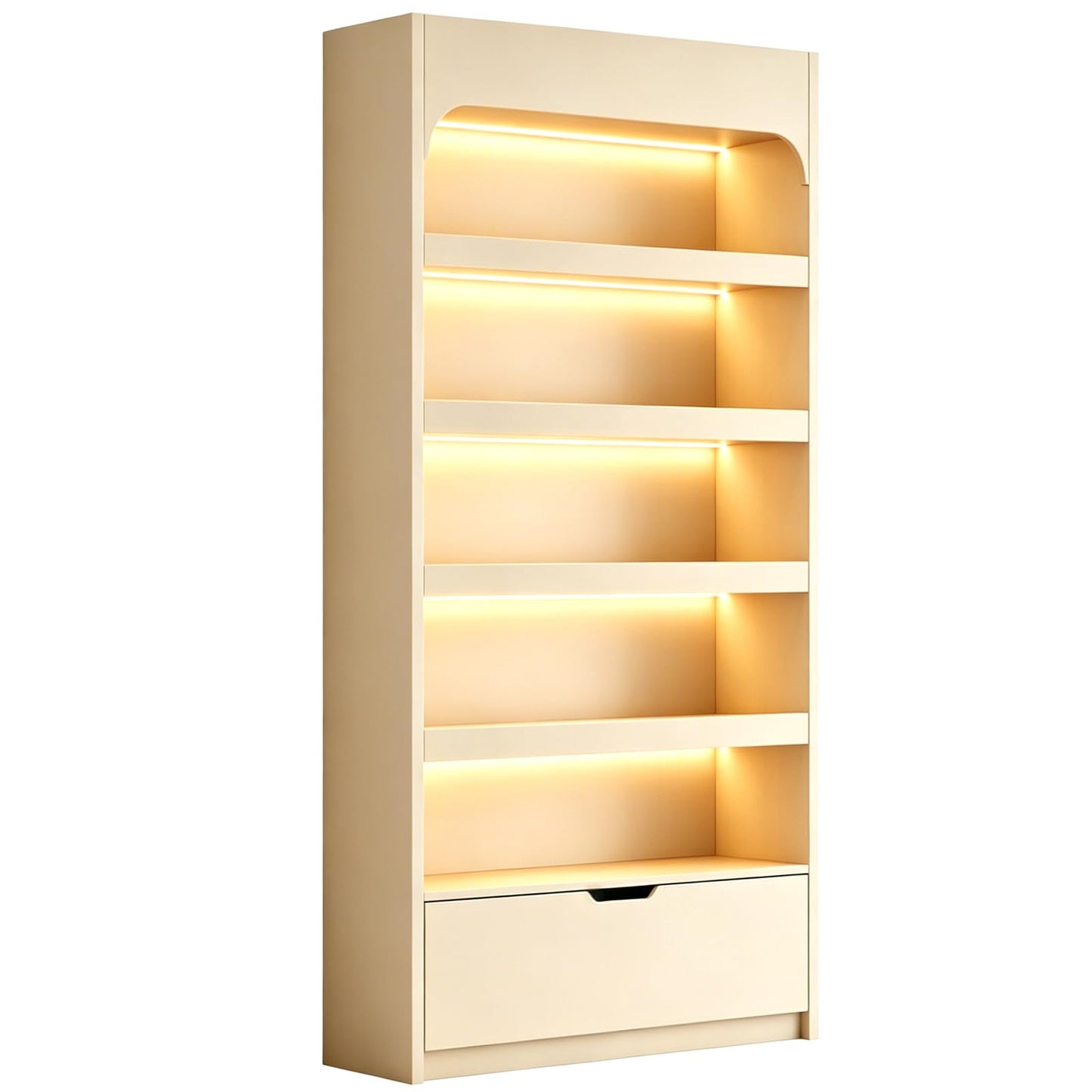 VGRDROK Retail Display Cabinet, Wooden Perfume & Cosmetic Display Shelf with Drawer, Freestanding Display Case for Beauty Salon, Boutique Store Khaki-0.63" Side Panel(with LED Strip) 39.4"