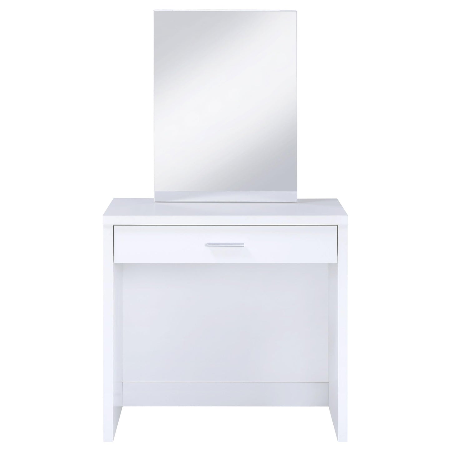 Coaster Home Furnishings Harvey Contemporary 3-Piece 1-Drawer Makeup Vanity Desk with Jewelry Storage Vanity Mirror and White Faux Leather Upholstered Storage Vanity Stool White 300290