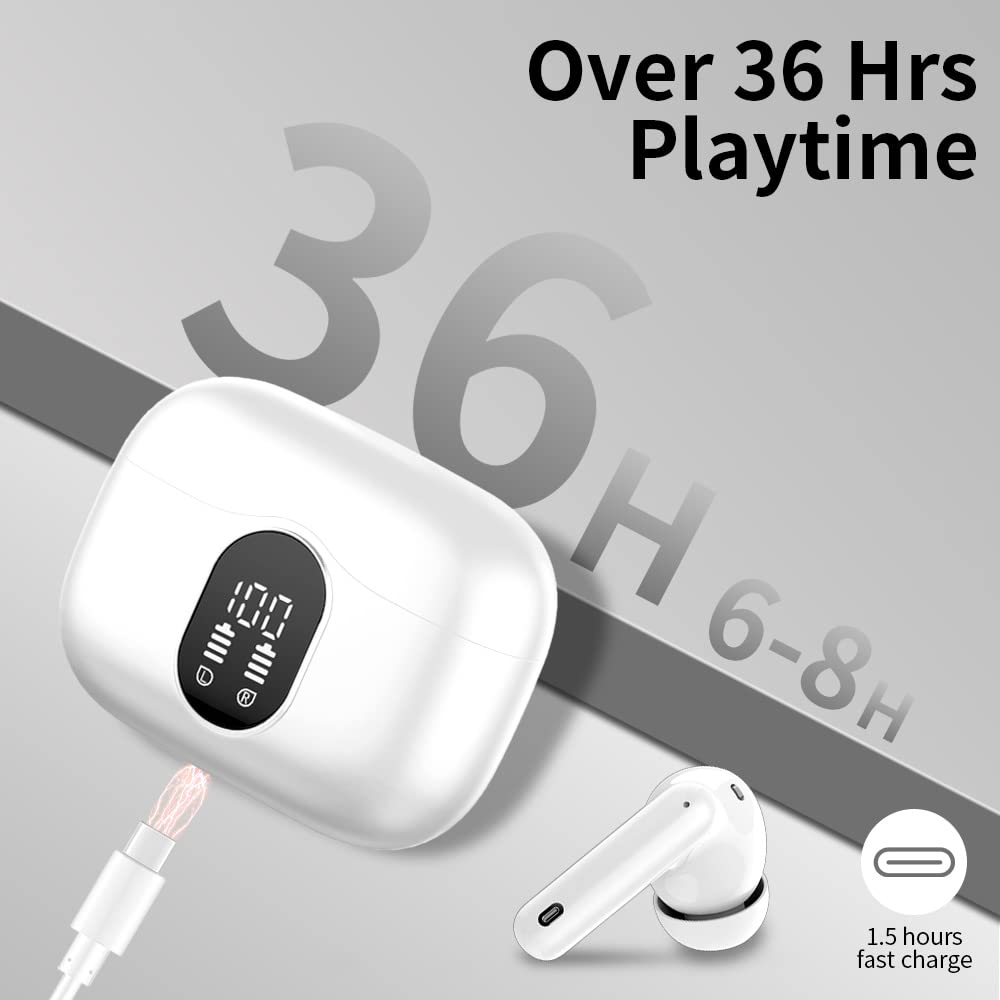 Btootos Wireless Earbuds Bluetooth 5.4 Headphones Bass Stereo Ear Buds with Noise Cancelling Mic LED Display in Ear Earphones IP7 Waterproof 36H Playtime for Laptop Pad Phones Sports Workout White