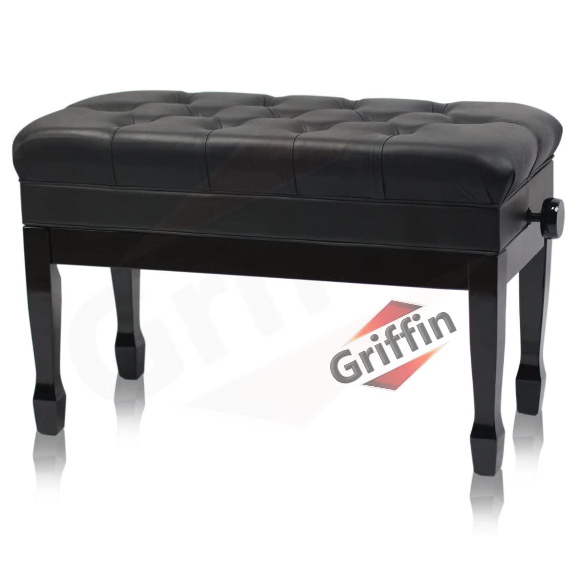 Griffin Piano Bench (Genuine Leather Plus Series) – Oversize Duet Keyboard Stool with Black Wood Frame, 2-Person Seat, Storage for Music Books & Vanity Use