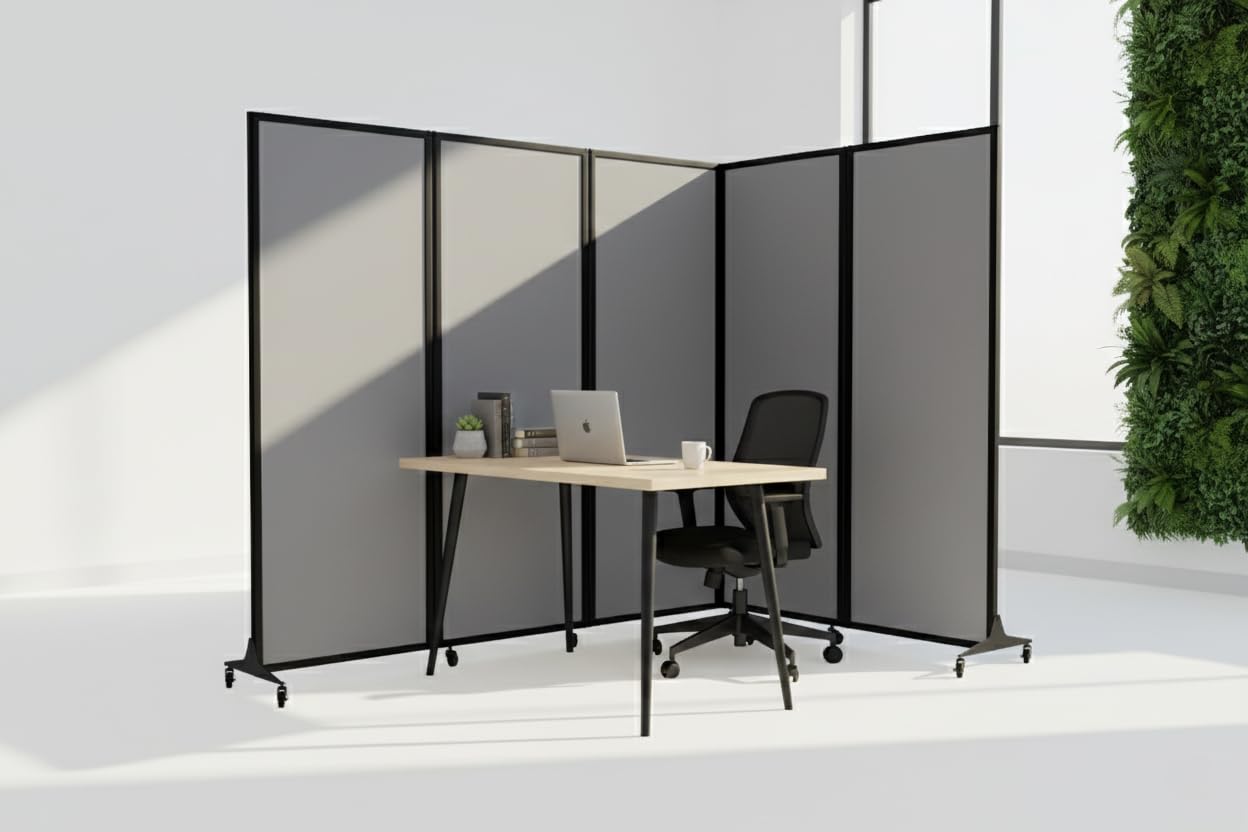 Versare Easy Wall Folding Room Divider | Freestanding Office Partitions | Classroom Dividers | Locking Wheels | Portable Room Separator | 14' Wide x 6' Tall Charcoal Gray Fabric Panels